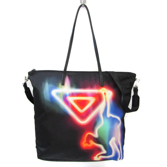 Prada Handbags - PRADA Monkey Logo Tessuto Stampato Leather Tote Bag Black/Multi-color